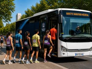 Des coureurs rentrent dans un bus