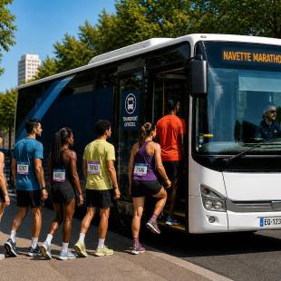 Des coureurs rentrent dans un bus