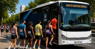 Des coureurs rentrent dans un bus